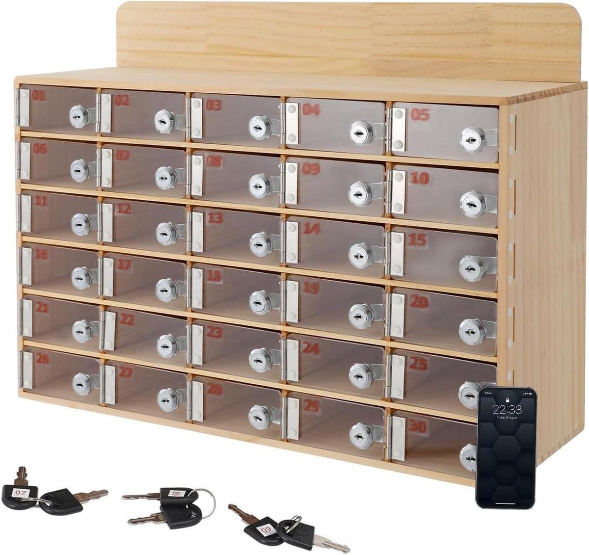 Wooden Mobile Phone Charging Station with 40 Slots - Wallmounted Or Standalone Acrylic Nizer with Key Lock for Office Classroom Gym - Secure Device Storage Solution,40 Slots