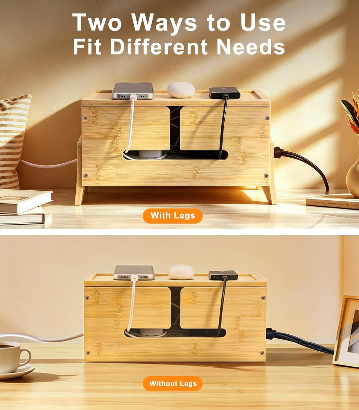 TiMOVO Cable Management Box, Bamboo Cord Organizer Box with Support Legs