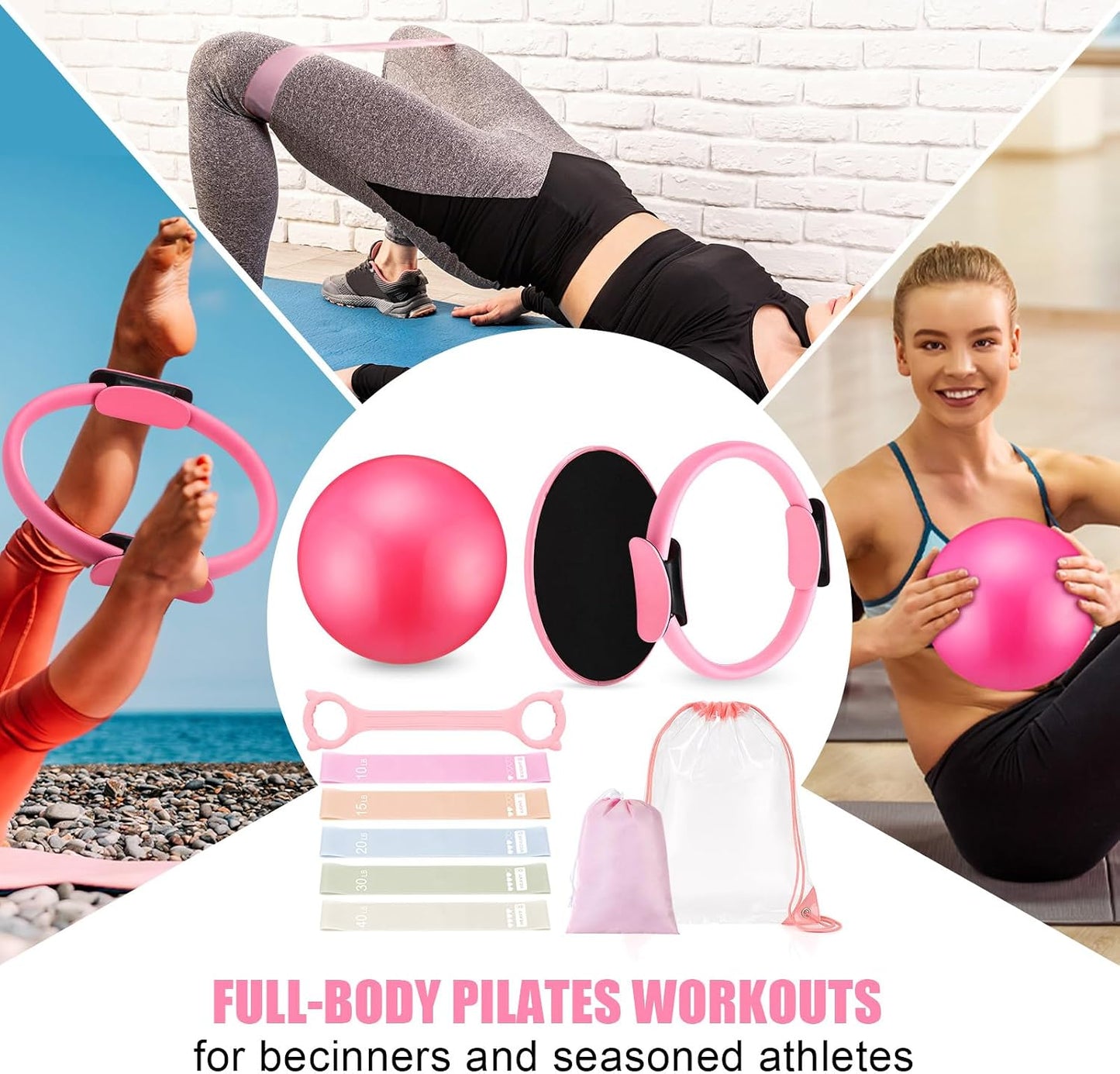 Silipull 11 Pcs Pilates Ring Set for Women, Yoga Home Gym Equipment with 12" Ring, 9.8" Exercise Ball, 5 Resistance Bands, 8 Figure Strap, Core Sliders & Storage Bag, for Beginner Workouts & Gifts