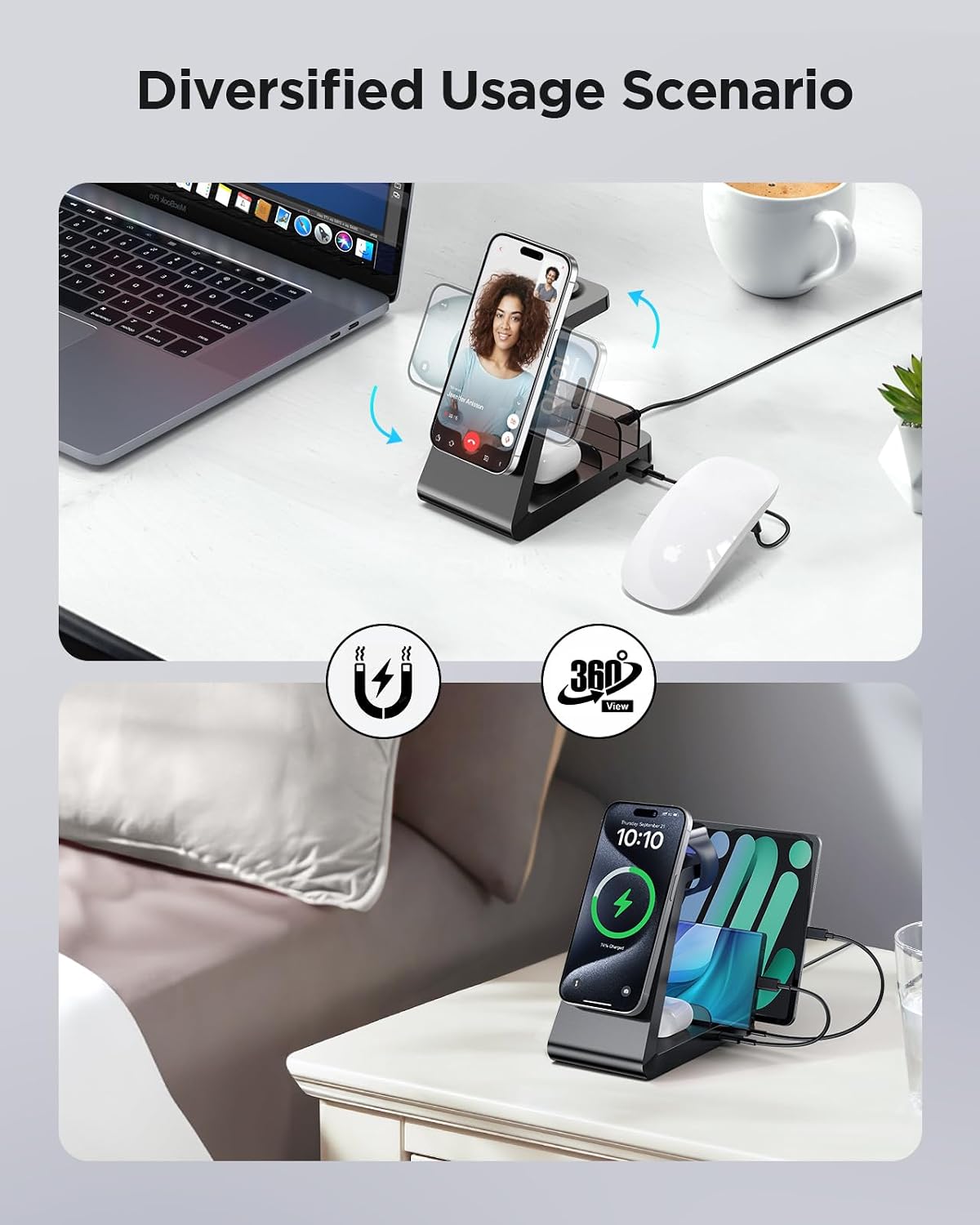 Charging Station for iPhone,5 in 1 Wireless Charger Stand Dock for Apple: Mag-Safe Charging Station for Multiple Devices Apple iPhone 17 16 15 14 13 12 Pro Max Plus Apple Watch iWatch Magnetic(White)