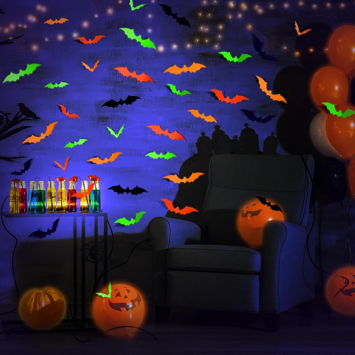 LOLStar Glow Halloween Bat Stickers, Neon Bat Wall Decals, 72PCS, 4 Sizes