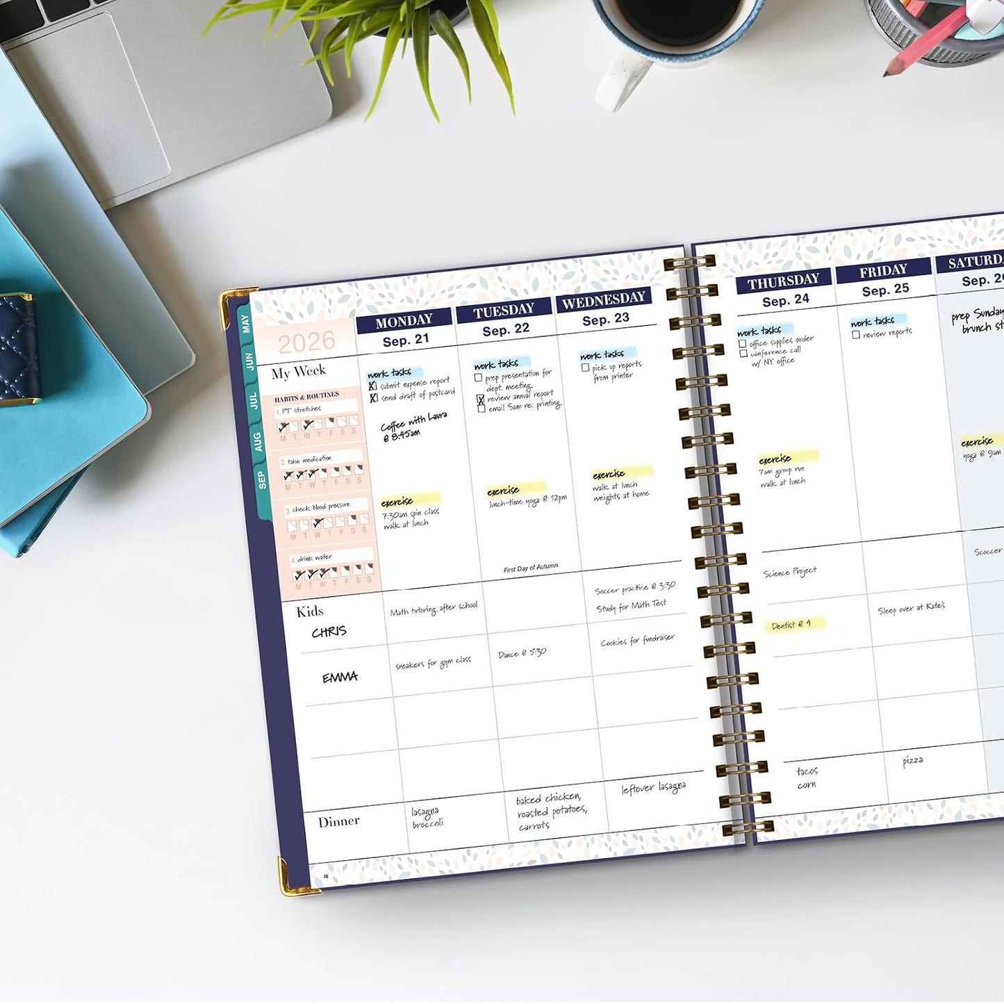 FAMILY PLANNER ORGANIZER – 8.5" x 11" Weekly & Monthly Calendar (May 2026-Jun 2027). 5+ People, Meal Planning, Budgeting, Habit Tracker – Hardcover, Household Schedule Organizer for Parents, Kids, & Caregivers (Navy Gold Numbers)