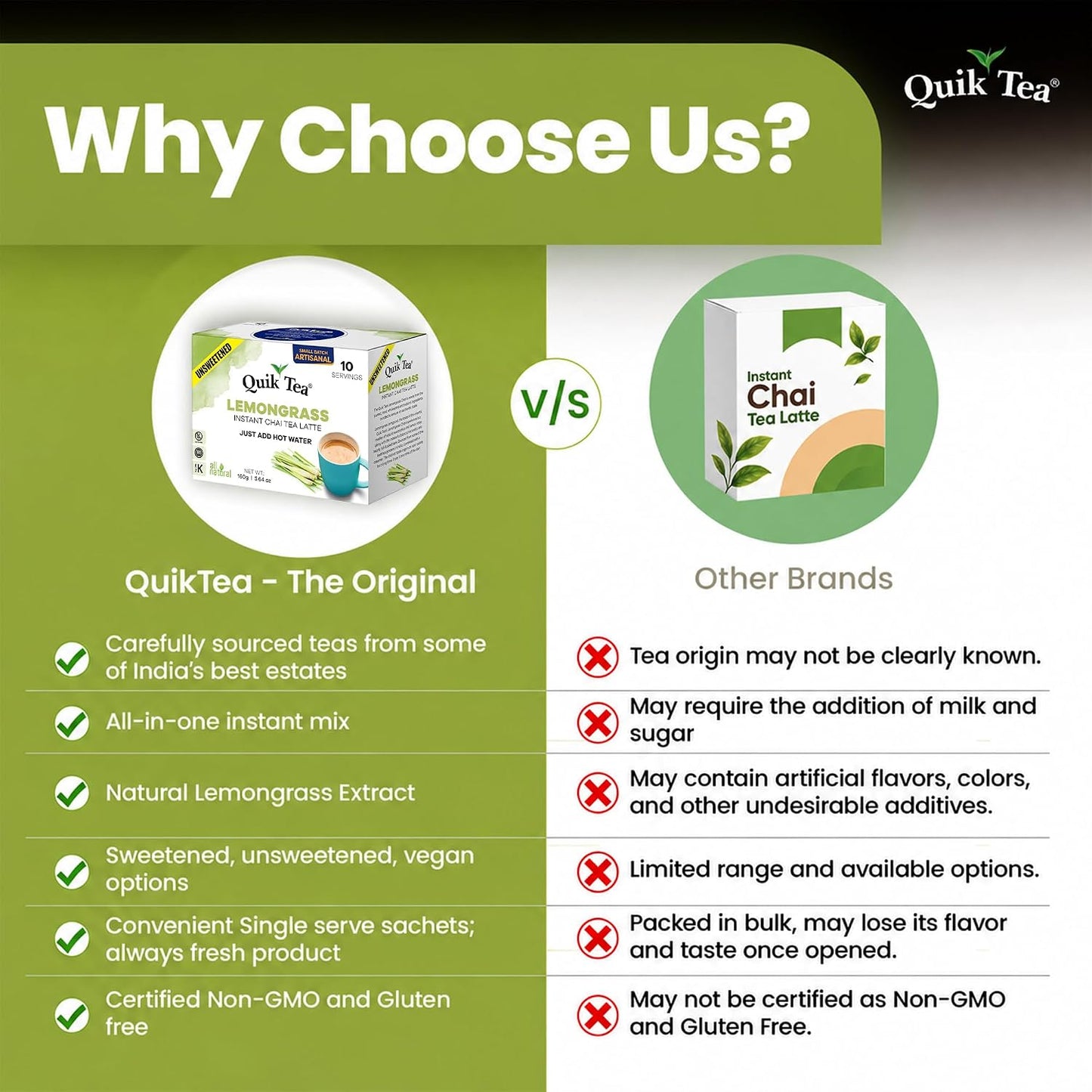 QuikTea Instant Lemongrass Chai Tea Latte Unsweetened, 10 Single-Serve Sachets, Artisanal Indian Chai Latte Mix, Just Add Hot Water, Low Caffeine, Non-GMO, Gluten Free.
