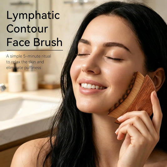 100% Wood Handle Lymphatic Contour Face Brush Stainless Steel Facial Gua Sha Tool Set, for Lymphatic Drainage, Sculpting Massage, Anti-Puffiness, Detox and Lifting