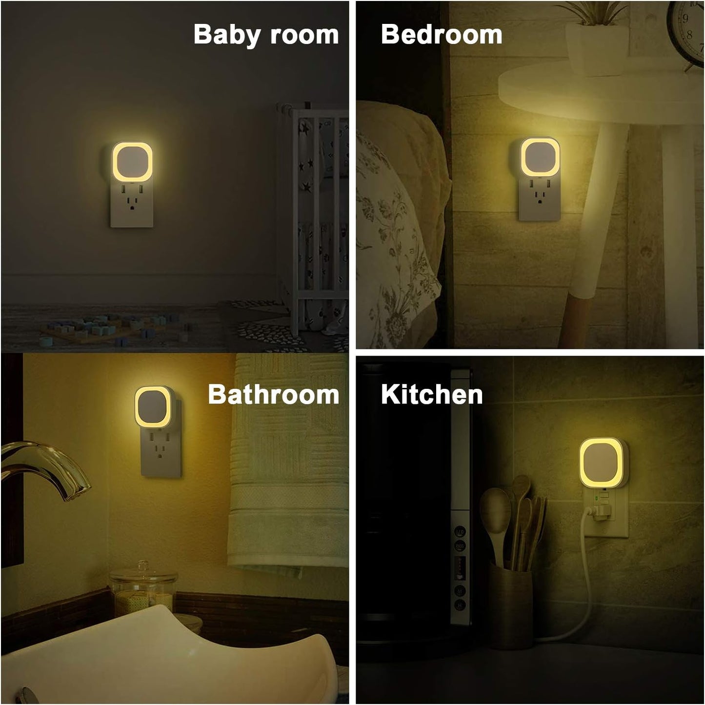 YUNLEX 2 Pack Amber Night Light, Dusk to Dawn Sensor, Warm Glare-Free Reflected Glow, 3-Level Dimmer, Auto On/Off, Plug-in LED Nightlight for Bedroom, Kids, Bathroom, Sleep, Baby Nursery, Toddler