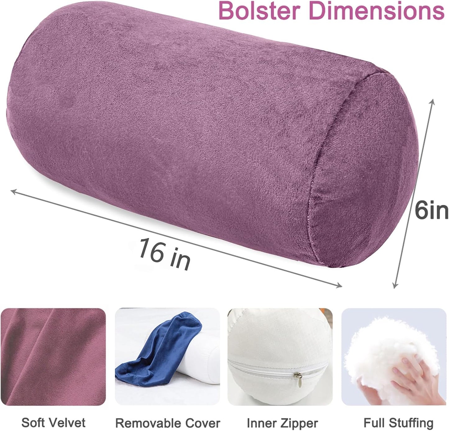 1 MIDDLE ONE Round Cylinder Bolster Pillow with Removable Velvet Cover, Tube Roll Cervical Pillow for Head, Neck, Back and Legs Support, 13"x 6", Blue
