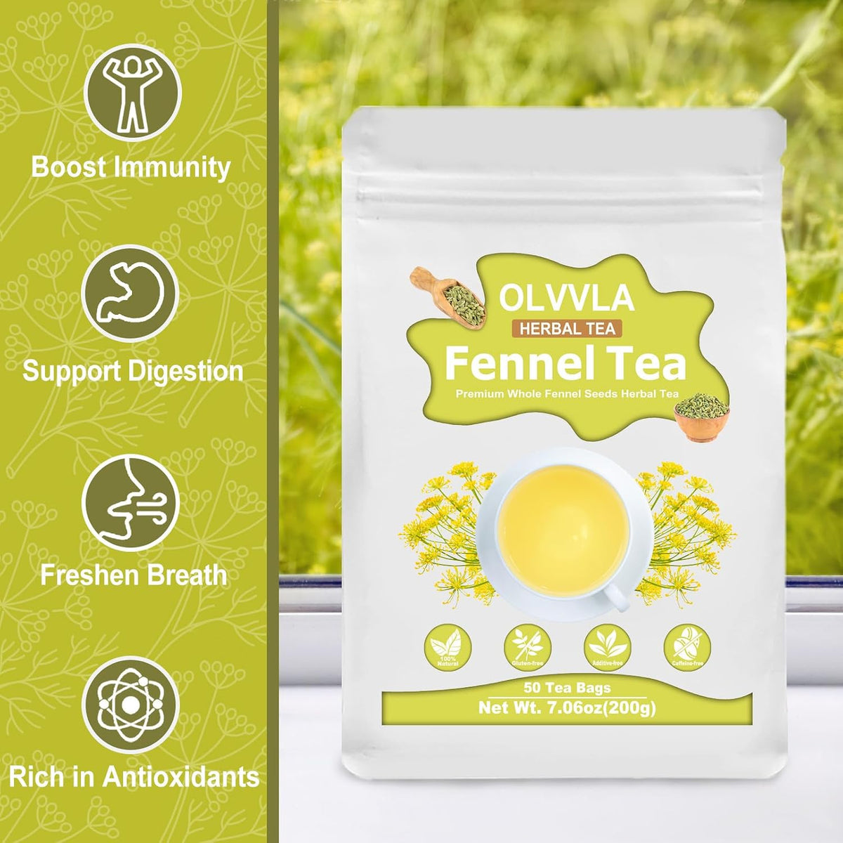 Olvvla - Fennel Tea Bags - 4g X 50 Count - Pure Whole Fennel Seeds
