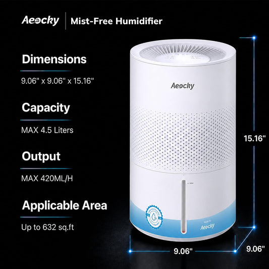 AEOCKY 420mL/h Mist-Free Evaporative Humidifier, 4.5L Tank, No White Dust