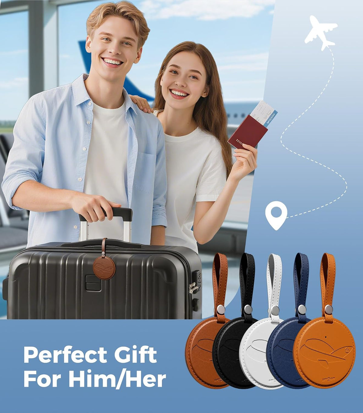Smart Luggage Tag Works with Apple Find My, Premium Leather Suitcase Tracker with 2 ID Labels, TSA-Friendly, Anti-Lost Travel Essentials for Bags Backpacks, Wireless Charging, Black