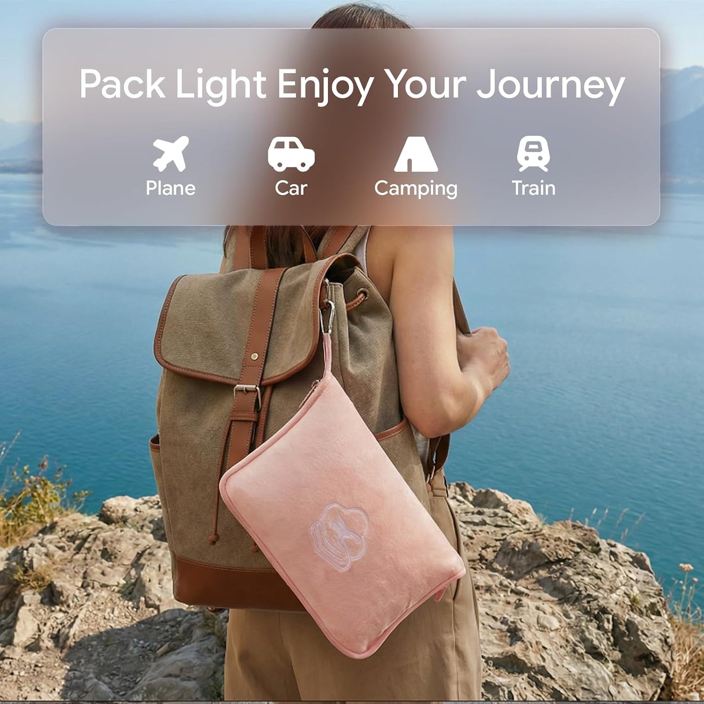 Travel Blanket, Soft 2-in-1 Airplane Blanket, 65x40 Inches, Travel Blanket Airplane Compact with Bag, Car Blanket with Luggage Sleeve & Backpack Clip (Light Grey)
