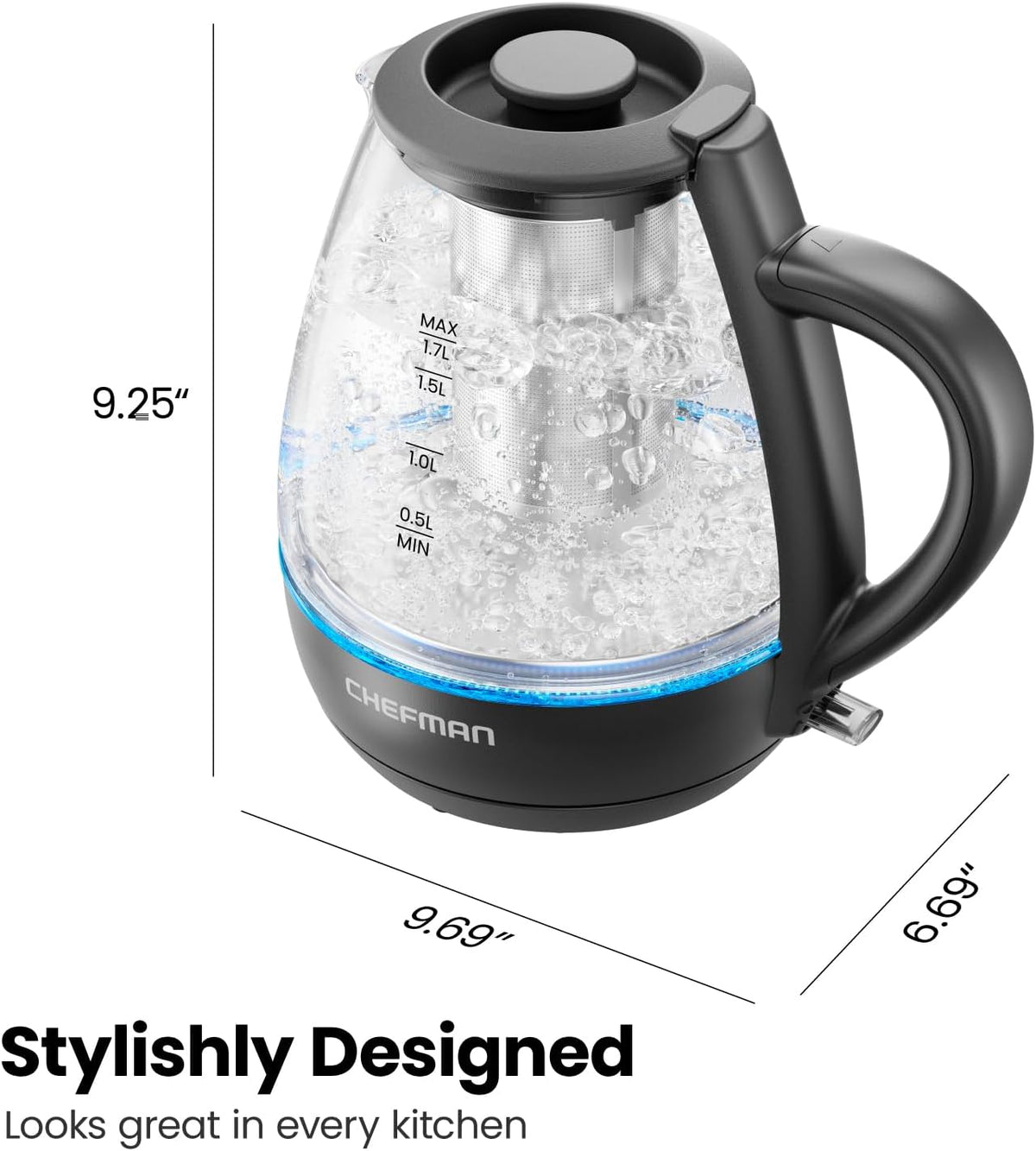 Chefman Electric Kettle with Tea Infuser, Compact 1L (4 Cups), 1500W, Removable Lid for Easy Cleaning, Boil-Dry Protection, Stainless Steel Filter, BPA Free, Auto Shut Off, Small Electric Tea Kettle