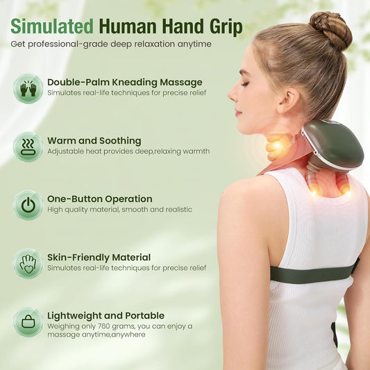 4D Wireless Neck Massager with Heat, Portable Bionic Massage with Real Human Hand Kneading, Neck Massager for Pain Relief Deep Tissue, Body Muscle Pain Relief, Perfect Relaxation Gifts for Men Women