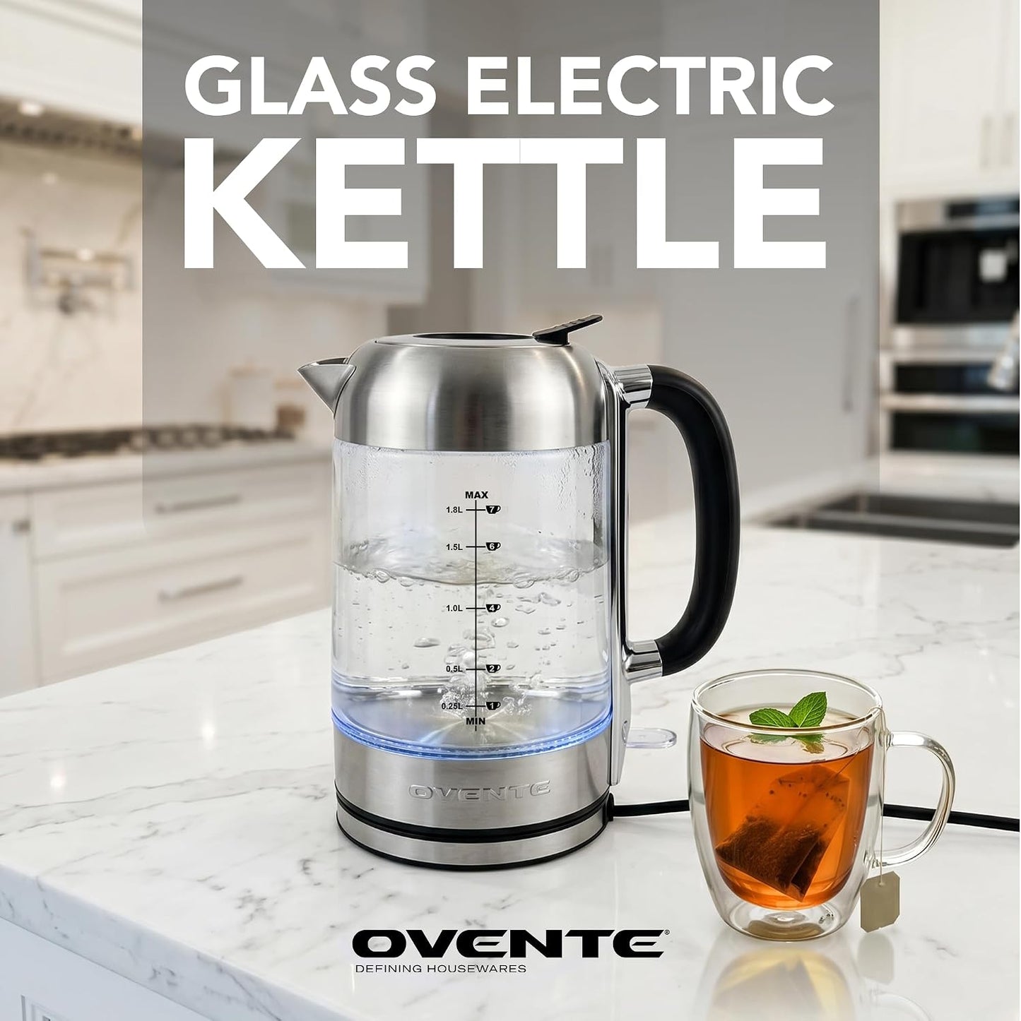 OVENTE 1.8L Glass Electric Kettle Water Boiler, Silver KG751S