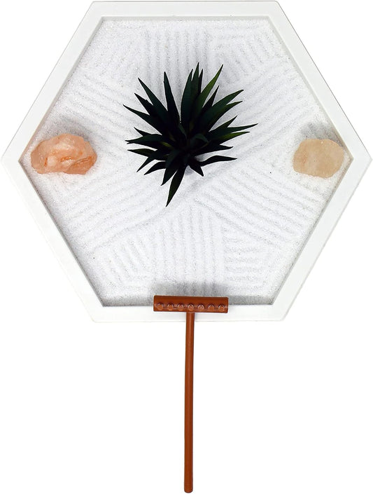 Nature's Mark Mini Zen Garden Kit for Desk with White Sand, Rake, White Base, Salt Rock and Air Plant (Round)