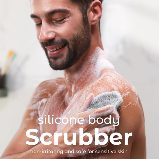 MainBasics Silicone Body Scrubber, Pink, Exfoliate | Dual-Sided, Shower Exfoliator, For Men & Women, Loofah Alternative