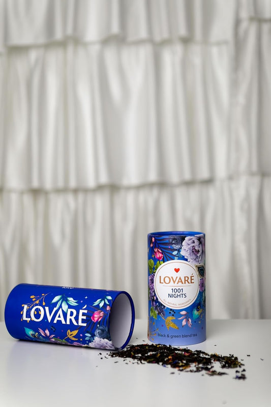 LOVARE 1001 Nights Tea Blend - 80 g (2.82 oz) Loose Leaf with 15 Paper Filters - Premium Black & Green Tea with Fruit & Flower Petals - Made in Ukraine (1001 Nights tea)