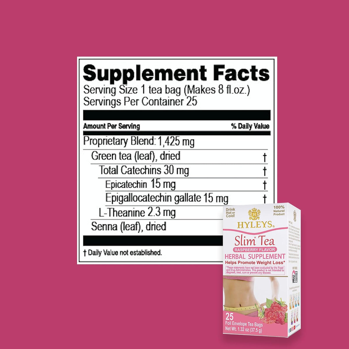 HYLEYS Slim Tea Raspberry Flavor, Detox Tea for Weight Loss, 25 Tea Bags