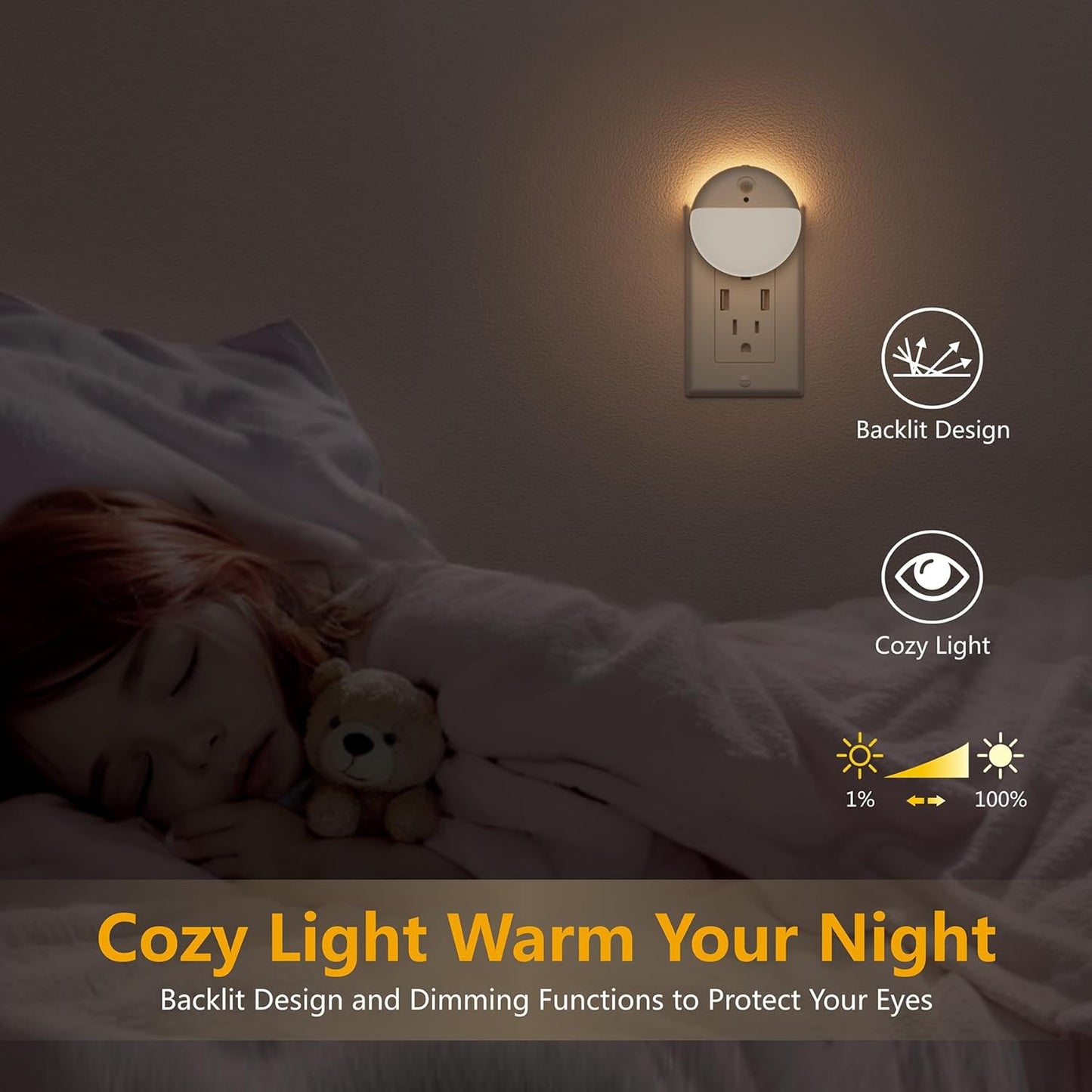 YUNLEX 2 Pack Plug in Sleep Night Light with Motion Sensor and Dusk to Dawn Sensor, 3 Modes, Soft Glow, Stepless Dimming, LED Lights for Bedroom, Sleep, Baby Nursery, Kids, Toddler, Home Decor (Amber)