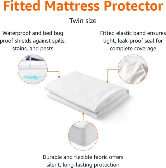 Amazon Basics Waterproof Mattress Protector, Fitted, Silent Protection, Twin, White