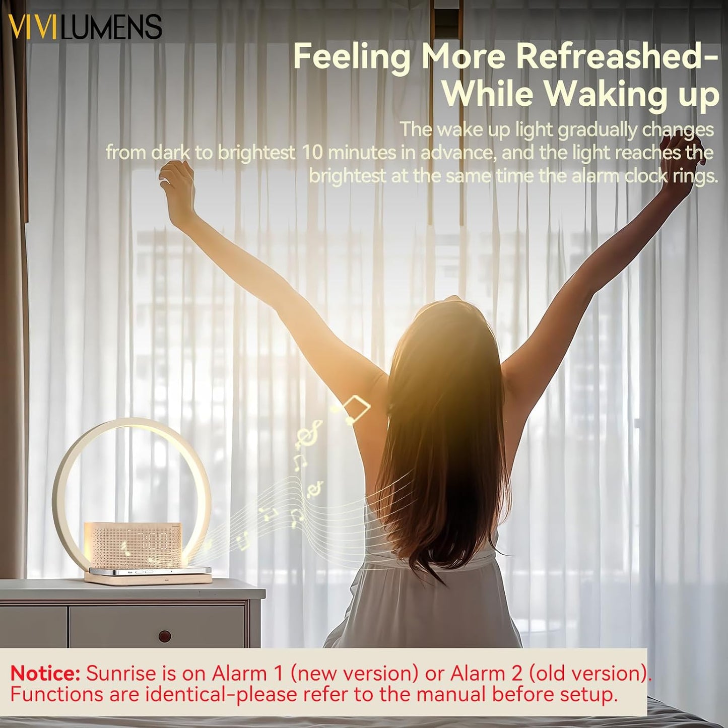 Vivilumens Sunrise Alarm Clock Wireless Charger, 10 White Noise Sound Machine Alarm Clock with 30/60/90 Mins Timer, 3 Levels Touch Night Light Dual Clocks for Heavy Sleeper Bedroom Decor Gift for Her
