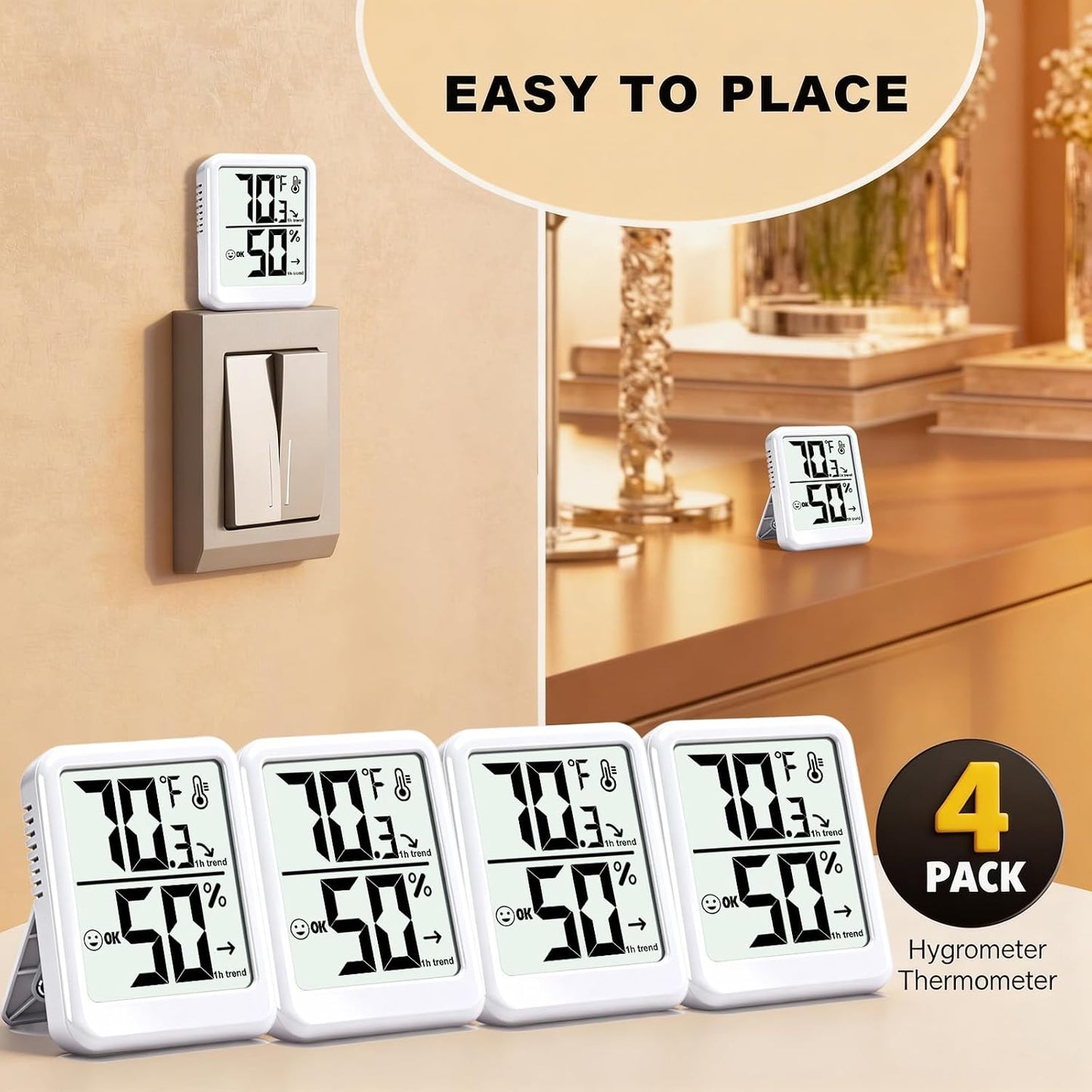 4-Pack Room Thermometer Indoor Hygrometer, Small Digital Temperature and Humidity Monitor Sensor, Temperature Humidity Gauge Meter for Home Baby Room, Plants, Pets - AAA Battery Included