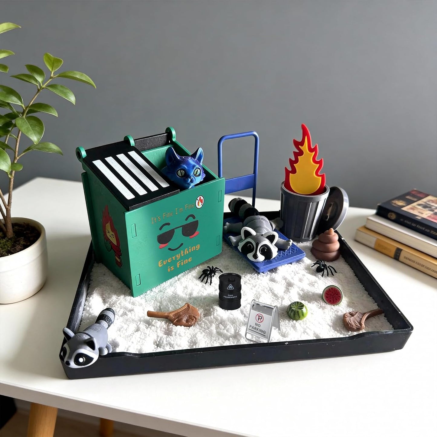 2026 New Dumpster Fire Zen Garden Desktop Kit with Raccoon Figurines - Funny Office Desk Accessory for Stress Relief, White Elephant Gifts, Coworker Gifts - Mini Sand Tray Therapy