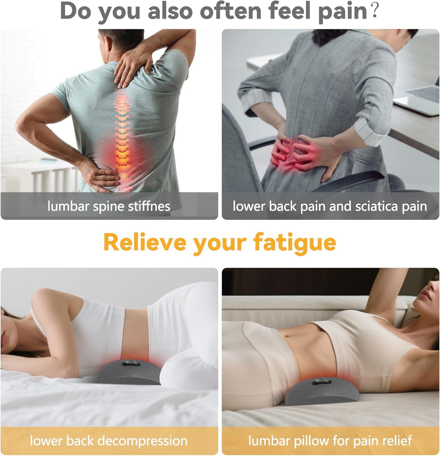 3 in 1 Smooth Spine Triple Fusion Back Massager,Sciatica Pain Relief Device with Heat & Vibration &Stretching, Back Massager for Pain Relief Deep Tissue, Lumbar Pillow for Office Home Use