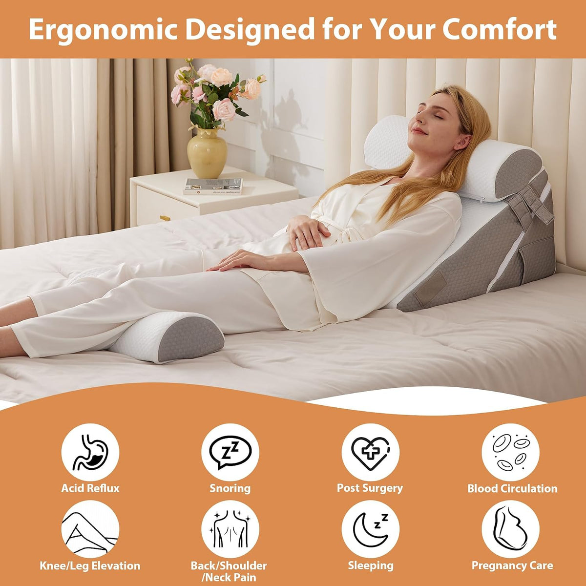 BIEEZZK Wedge Pillow Set for After Surgery, Wedge Pillow for Acid Reflux, Bed Wedge Pillow with Adjustable 9&12inch for Headboard,Sleeping, Orthopedic Memory Foam for Neck&Back Support, White/Grey