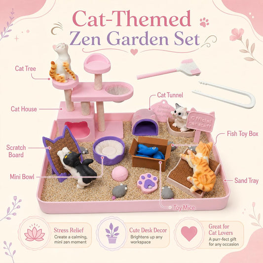 Cat Lover Mini Zen Garden Desk Decor, 3D Print Plastic Miniature Sandbox with 4 Cats, Stewss Relief Gifts for Coworkers, Friends, Family