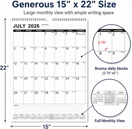 Large Wall Calendar 2026-2027, 18-Month Wall Calendar from July 2026 to December 2027, 15" x 22" 2026 Wall Calendar with Spacious Blocks, Julian Dates, Habit Tracker & Full-Year Reference for Home Office School Colorful