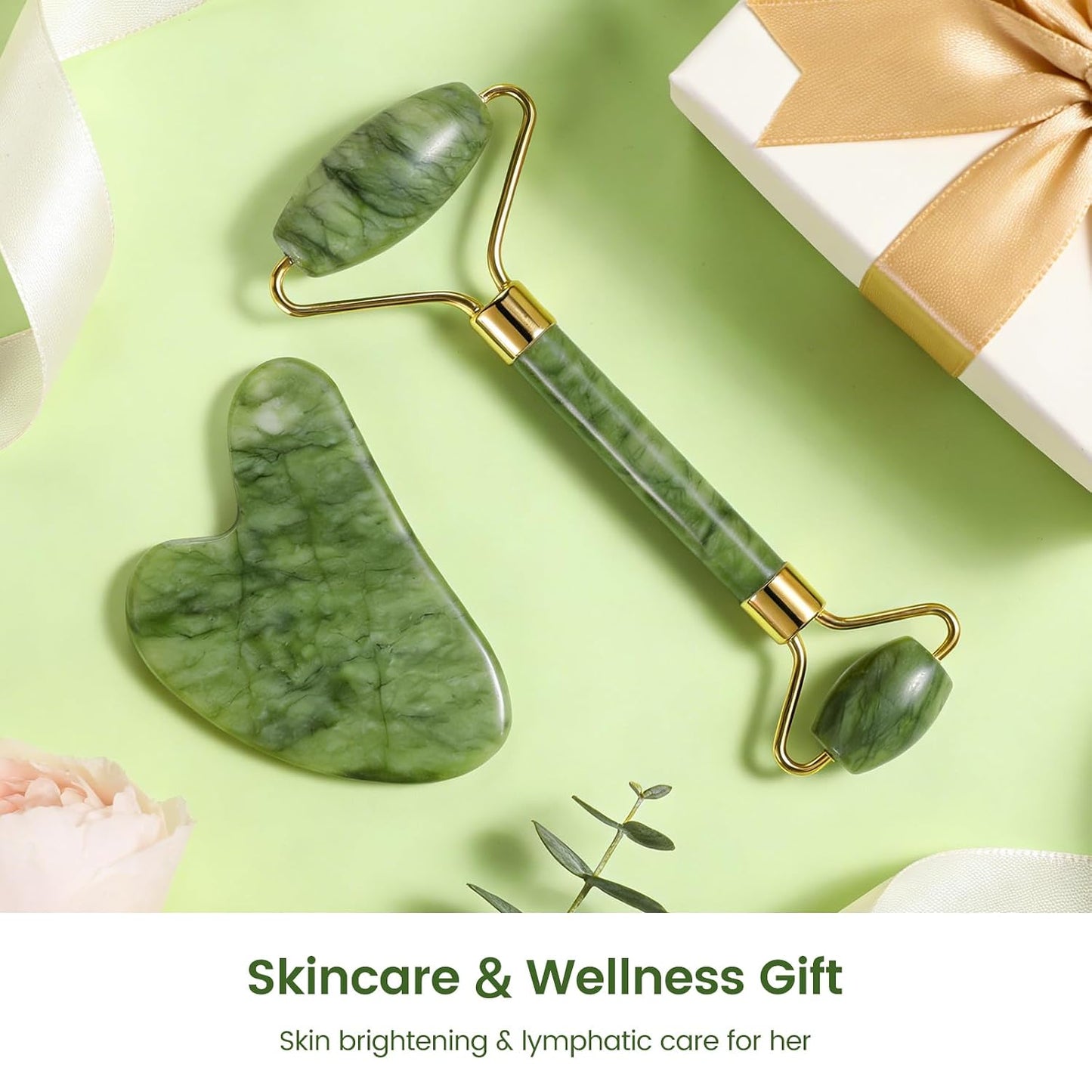 Jade Roller & Gua Sha Set - Natural Jade Face Roller Facial Massage Skincare Tools for Women,Reduce Puffiness and Fine Lines (Forest Green) | natural jade roller,gua sha tool,ice roller to reduce puffiness,dual head massage roller