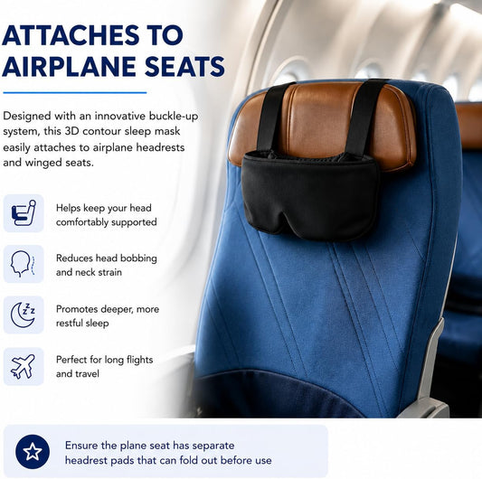 Airplane Pillow Mask with Head Strap for Long-haul Flight, Travel or Home Use Sleeping Mask, 360° Support Headrest, Prevent Bobblehead Sore Neck, Jet Black