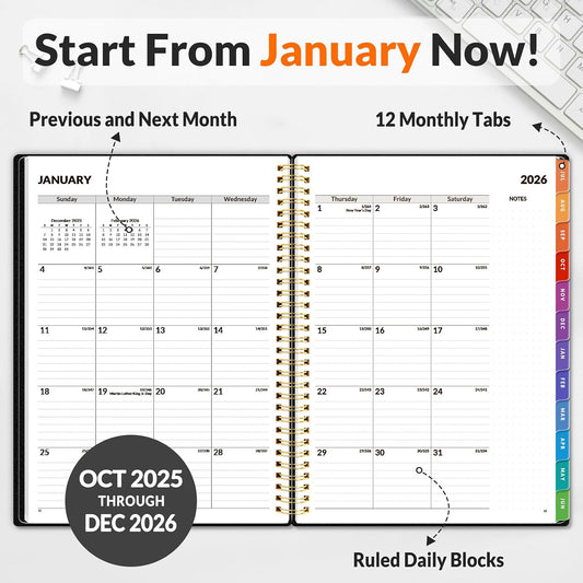 SUNEE Academic Planner 2026-2027 – Weekly & Monthly Planner, July 2026 to June 2027, 6.4"x8.3", Thick Paper, Tabs, Pockets, Bookmark, Spiral-Bound, Student Teacher Organizer, Black