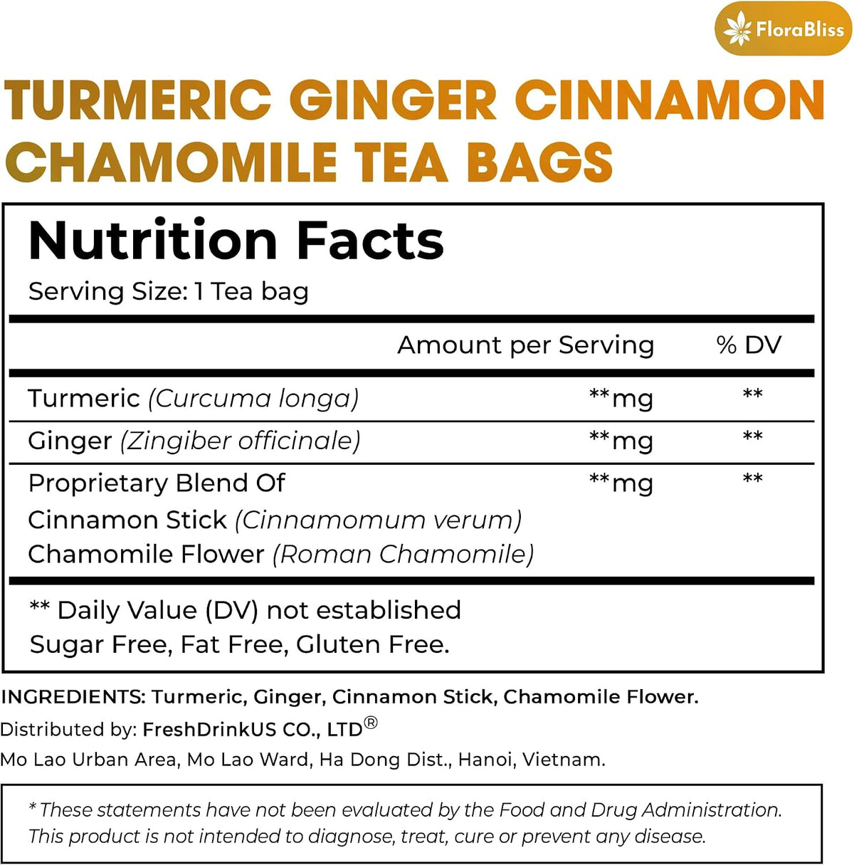 FloraBliss 50 Bags Turmeric, Ginger, and Cinnamon Tea. Added Chamomile