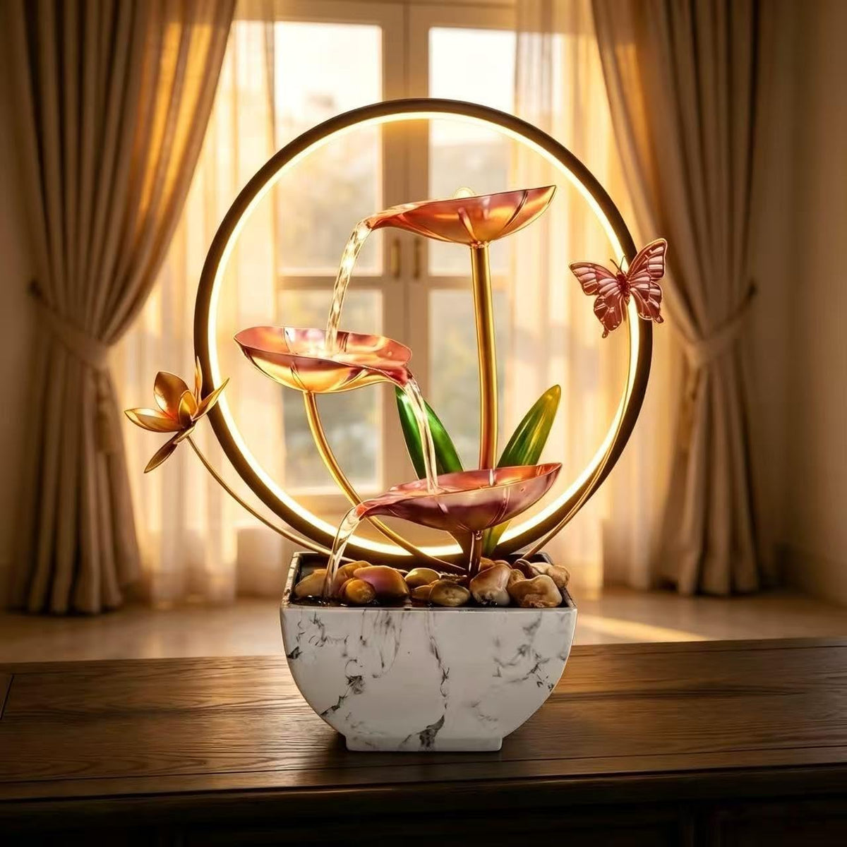 11‘’ H Pink Tabletop Water Fountain, Zen Desktop Waterfall, Indoor Lotus Desktop Decorative Fountain, Home Bathroom Bedroom Decor.