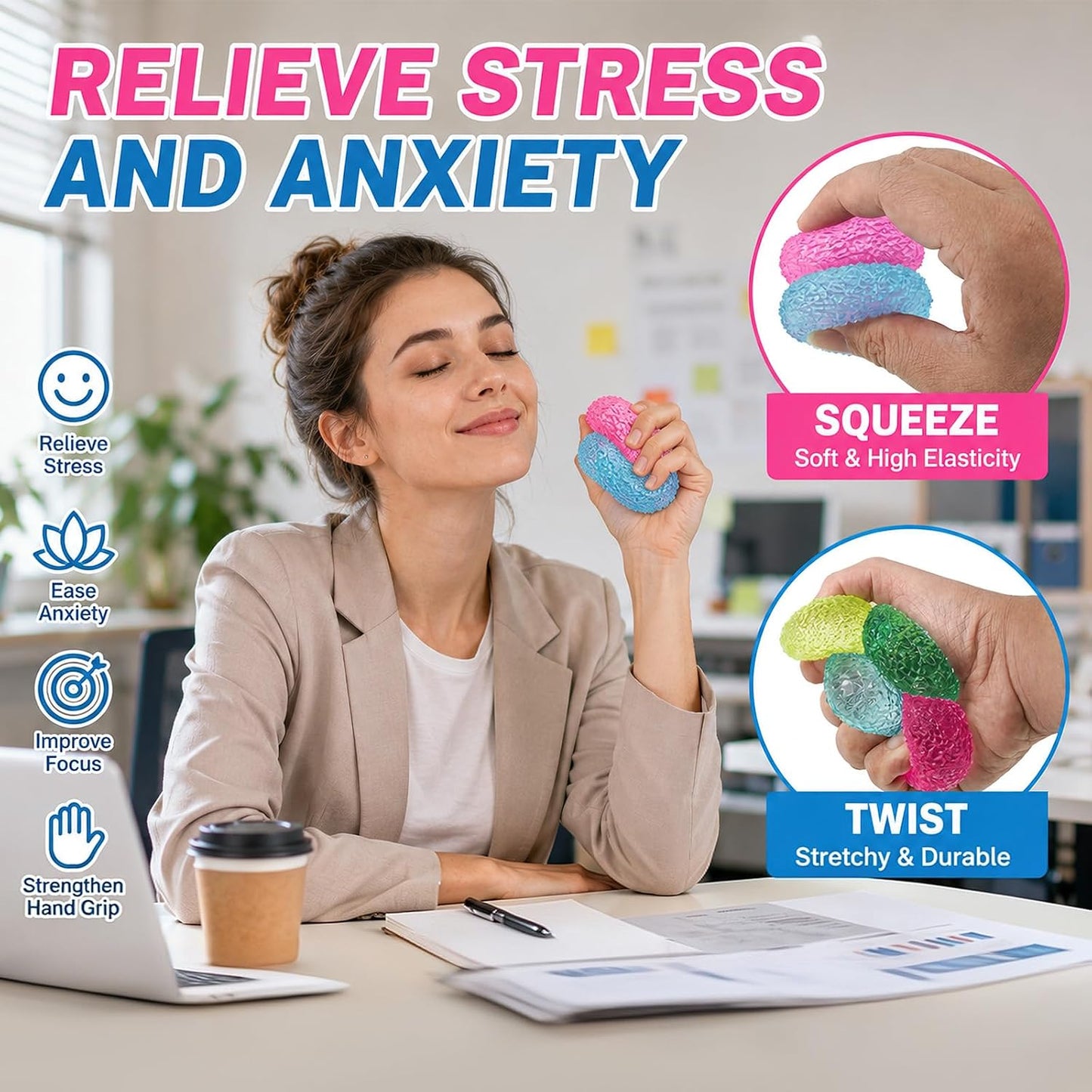 4PCS Textured Stress Balls, Squeeze Balls Fidget Balls for Anxiety Stress Relief, Squishies Fidget Toys for Teens and Adults, Sugar Balls for Classroom Prize Favors Easter Basket Stuffers