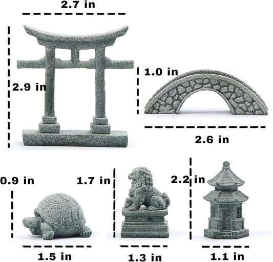 6 PCS Mini Zen Garden Accessories, Miniature Garden Bridge Foo Dogs Torii Gate Sandstone Figurines Meditation Zen Decor Japanese Fish Tank Terrarium Bonsai Decorations (Art Deco)