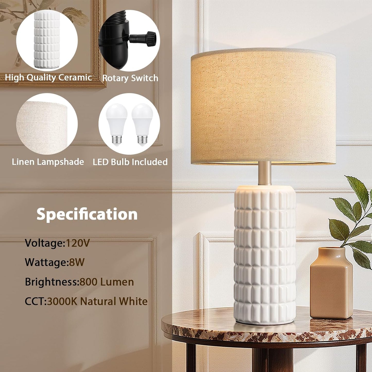 Seealle 23" Modern Ceramic Table Lamps Set of 2 - Table Lamps for Living Room, Farmhouse Bedside Night Stands Lamp for Bedroom, White Nightstand Lamps Set of 2, Desk Lamp for End Table Home Decor
