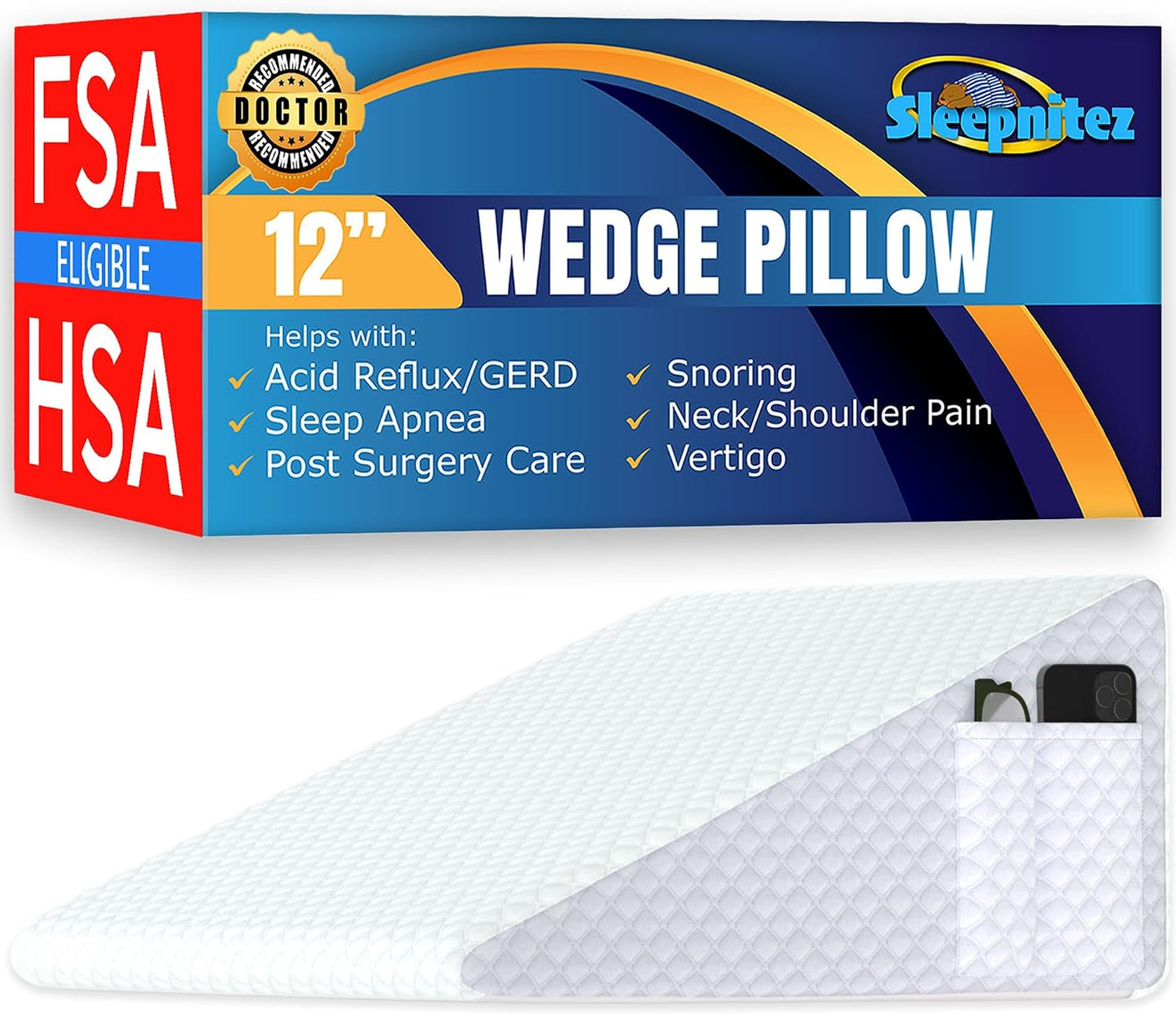 Sleepnitez Fsa Eligible 8" Bed Wedge Pillow – Memory Foam Wedge for Sleeping, Acid Reflux Pillow for Snoring, GERD, Pregnancy, Sleep Apnea, Reading – Soft Luxurious 3.25" Memory Foam Top Layer