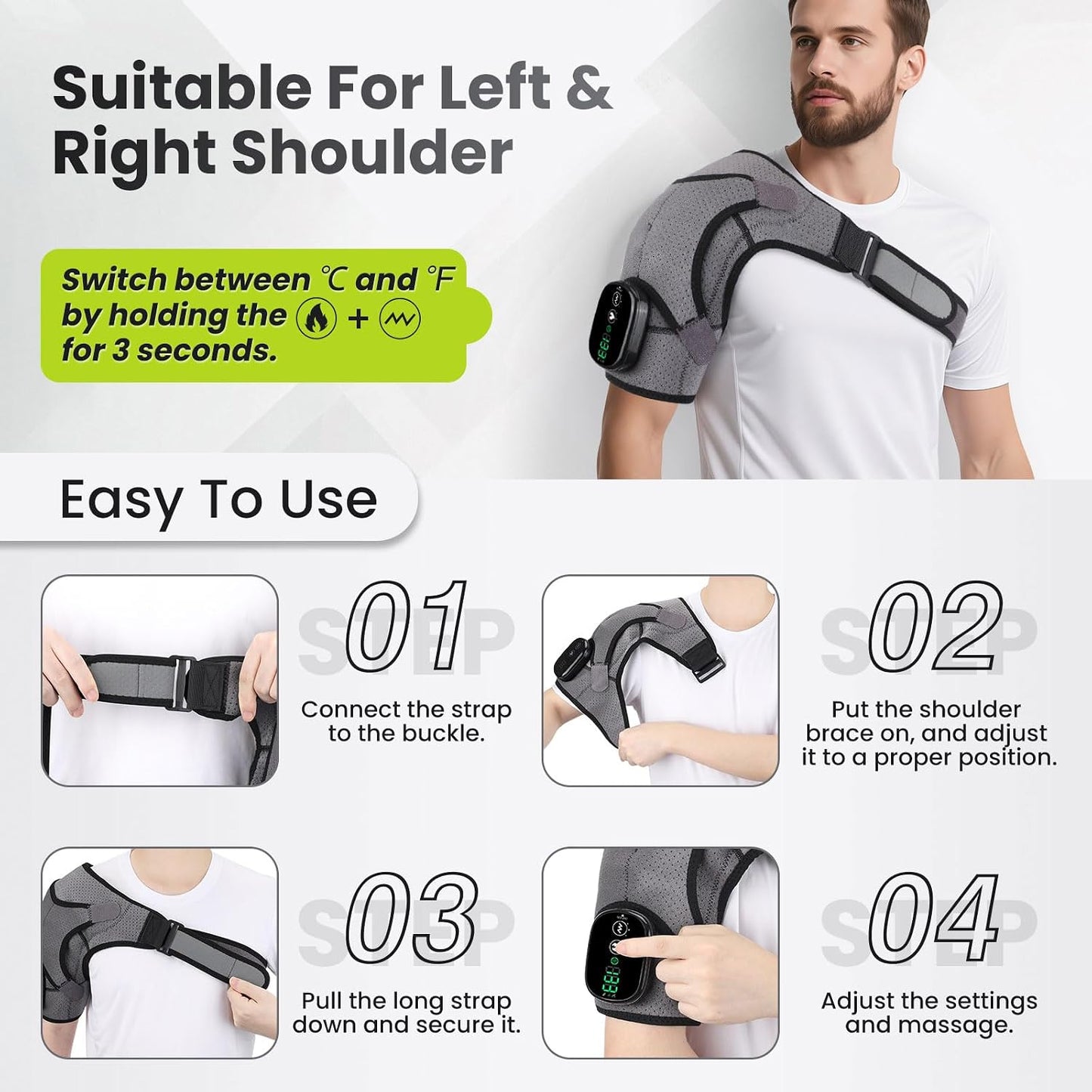 Cordless Shoulder Heating Pad with Vibration for Rotator Cuff Pain Relief, Arm Heated Massage Pad, Shoulder Support Brace with 3 Heating Levels & Vibration, Left or Right