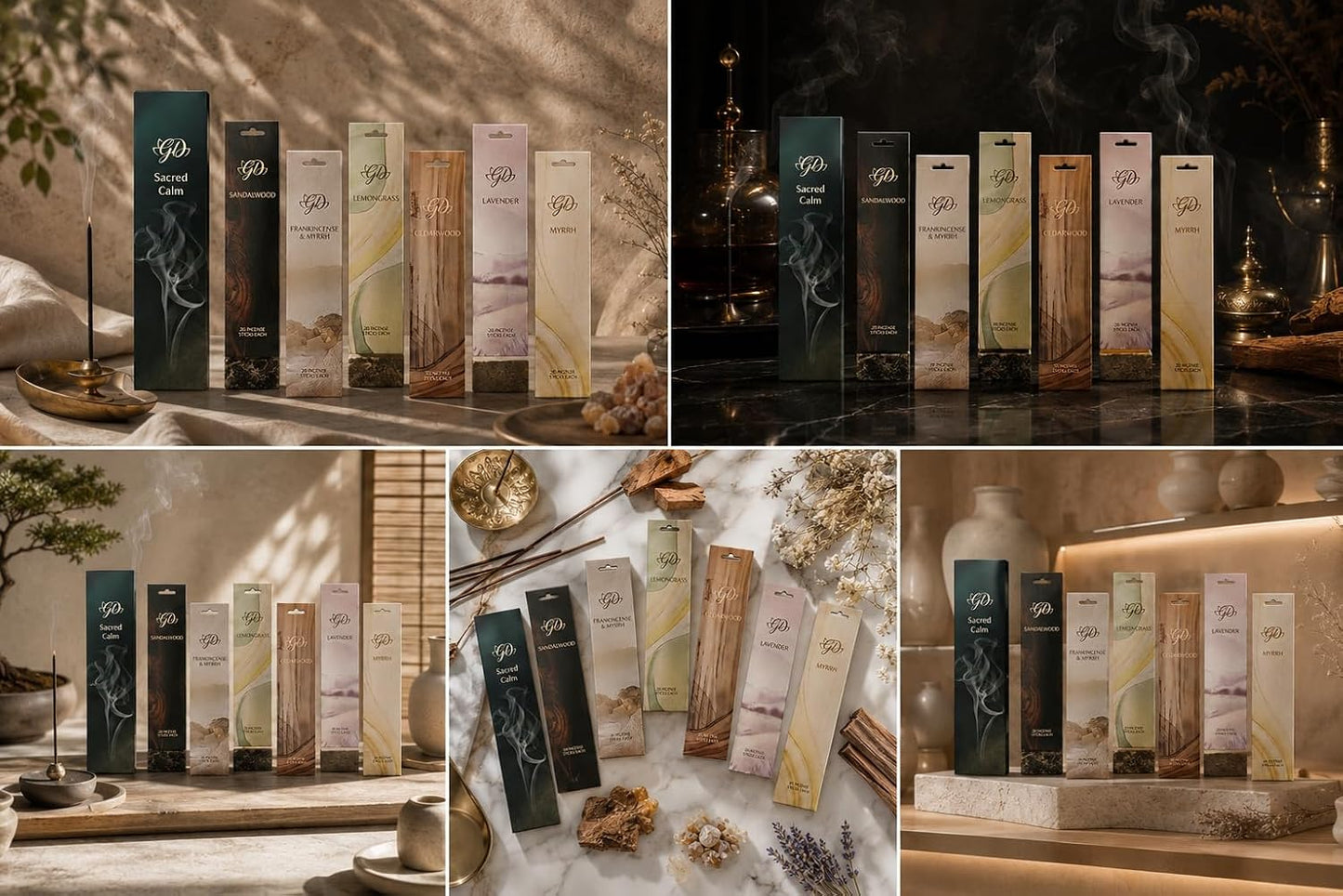 Incense Sticks Variety Pack with Wooden Holder | Nag Champa, Rose, Lavender, White Sage, Frankincense, Palo Santo & Sandalwood | Hand-Rolled Masala Incense