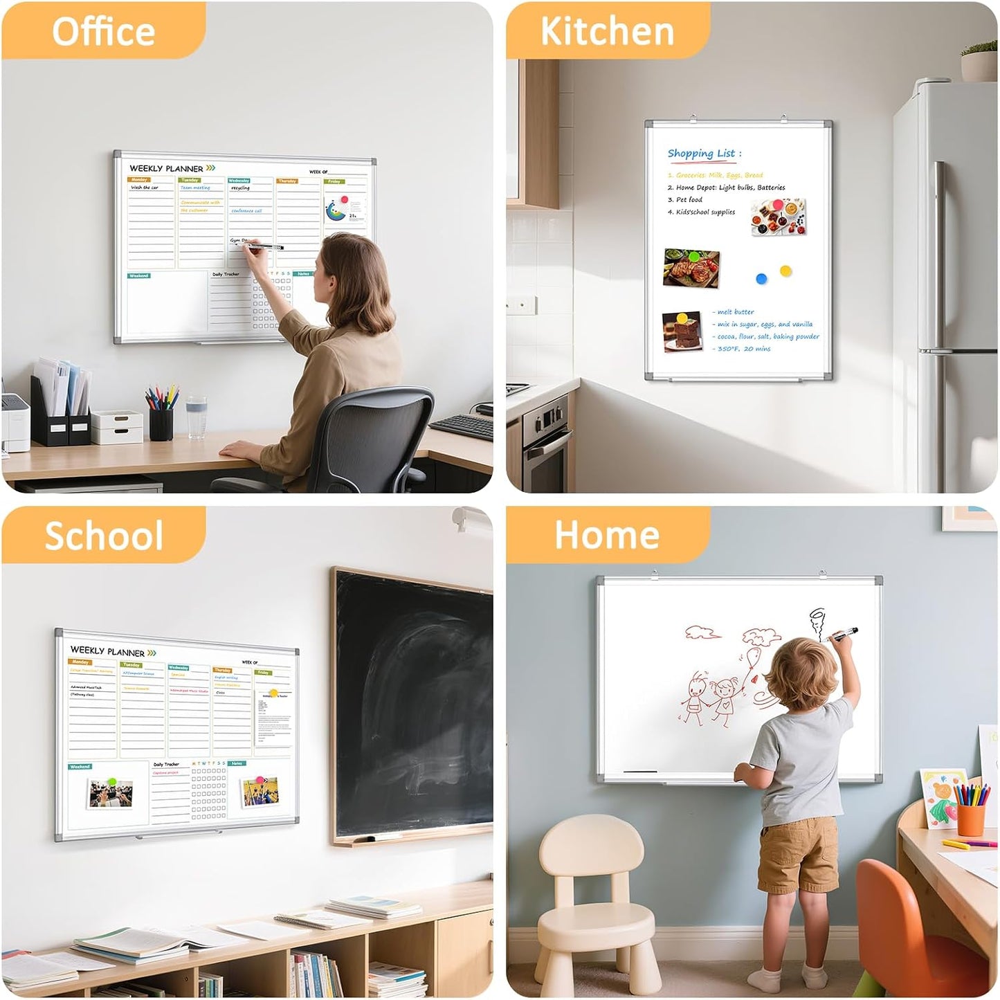 Dry Erase Calendar Whiteboard for Wall, 24"x18" Magnetic Monthly White Board Cork Board Combo, Double Sided, Aluminum Frame, Wall Hanging Wipe Board for Home, Office, School, Dorm