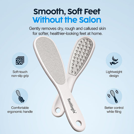 Footlogix Double-Sided Stainless Steel Foot File with Rubberized Handle – Coarse & Fine Grit Foot Exfoliator for Dry, Rough Skin | Professional Pedicure Tool | Lightweight, Easy to Clean
