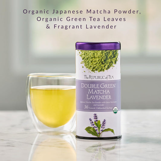 The Republic of Tea Organic Double Green Matcha Lavender, Individual Tea Bags with Japanese Matcha Tea Powder and Green Tea Leaves Blend, Natural Unbleached Bags in Reusable Canister, 36 Tea Bags