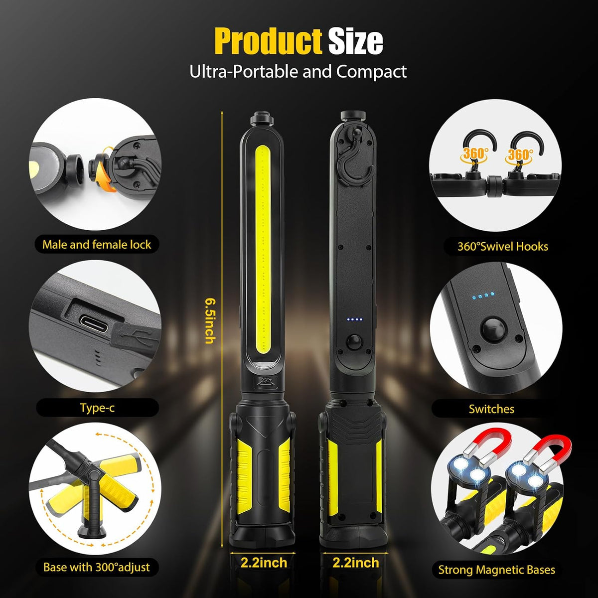 SYLSTAR Work Light for Mechanic, 2400LM LED, 4400mAh Rechargeable, Magnetic, Underhood Work Light with Hooks for Car Repairing/Inspection/Garage/Workshop/Emergency
