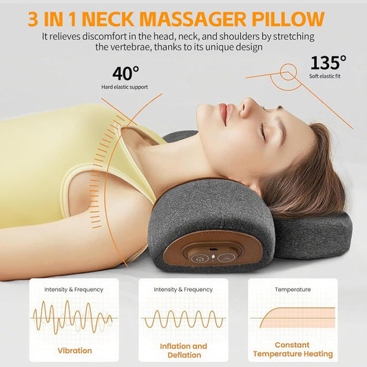 3-in-1 Neck Massager Pillow, Neck Massager for Pain Relief Deep Tissue, Massage Pillow with Heat, Vibration & Airbag Traction, 3D Ergonomic Cervical Hump Corrector Massage for Home Office