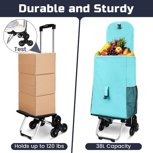 Tamacart Stair Climbing Shopping Cart, Foldable Grocery Cart with Removable Insulated Bag & Telescoping Handle, Rolling Cart for Groceries Market Laundry Turquoise