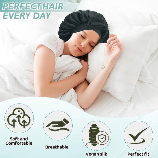 VECIIR Silk Bonnet for Sleeping Women, Ajustable Hair Bonnet for Curly Hairs Satin Bonnet Reduce Friction Prevent Frizz Black,Large