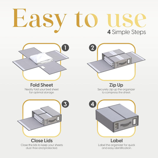 Sheet Organizers and Storage – 4 Pack Bed Sheet Organizer for Queen & King Size, Foldable Linen Closet Storage for Bedding, Duvet Covers, and Pillowcases