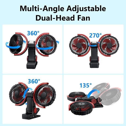 Dual Head Clip on Fan Battery Powered with Light,Portable USB Rechargeable Powerful Desk Table Fans,360°Rotation Cooling Clamp Fans for Car,Golf Cart,Treadmill,Kitchen,Outdoor Travel Camping(Black)